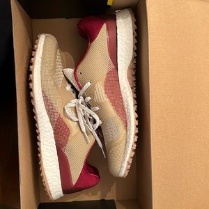 Adidas Burgundy Cream and White Cross knit shoes.